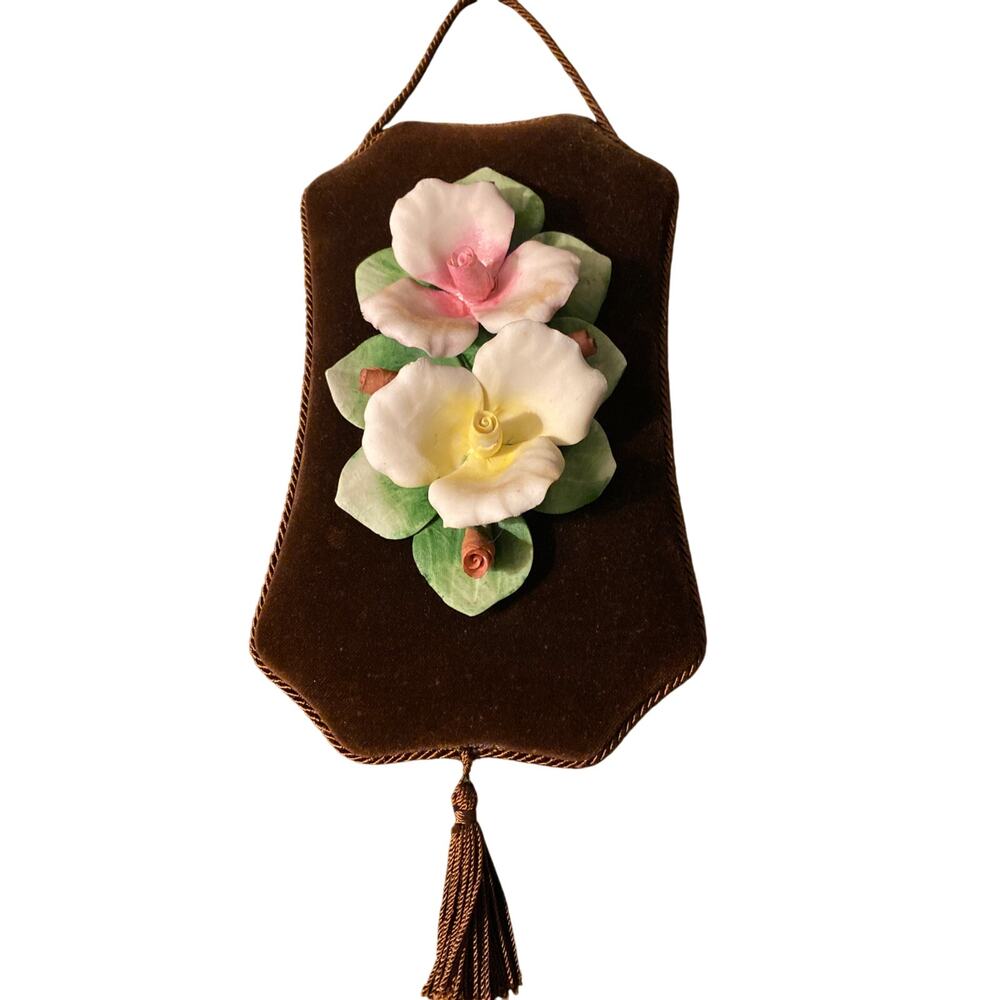 Vintage Mid Century Italian Porcelain 3D Roses Velvet Plaque Capodimonte Bisque